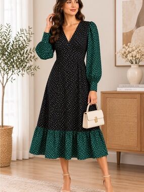 Never Fully Dressed Black and Green Polka Dot V-Neck Midi Dress